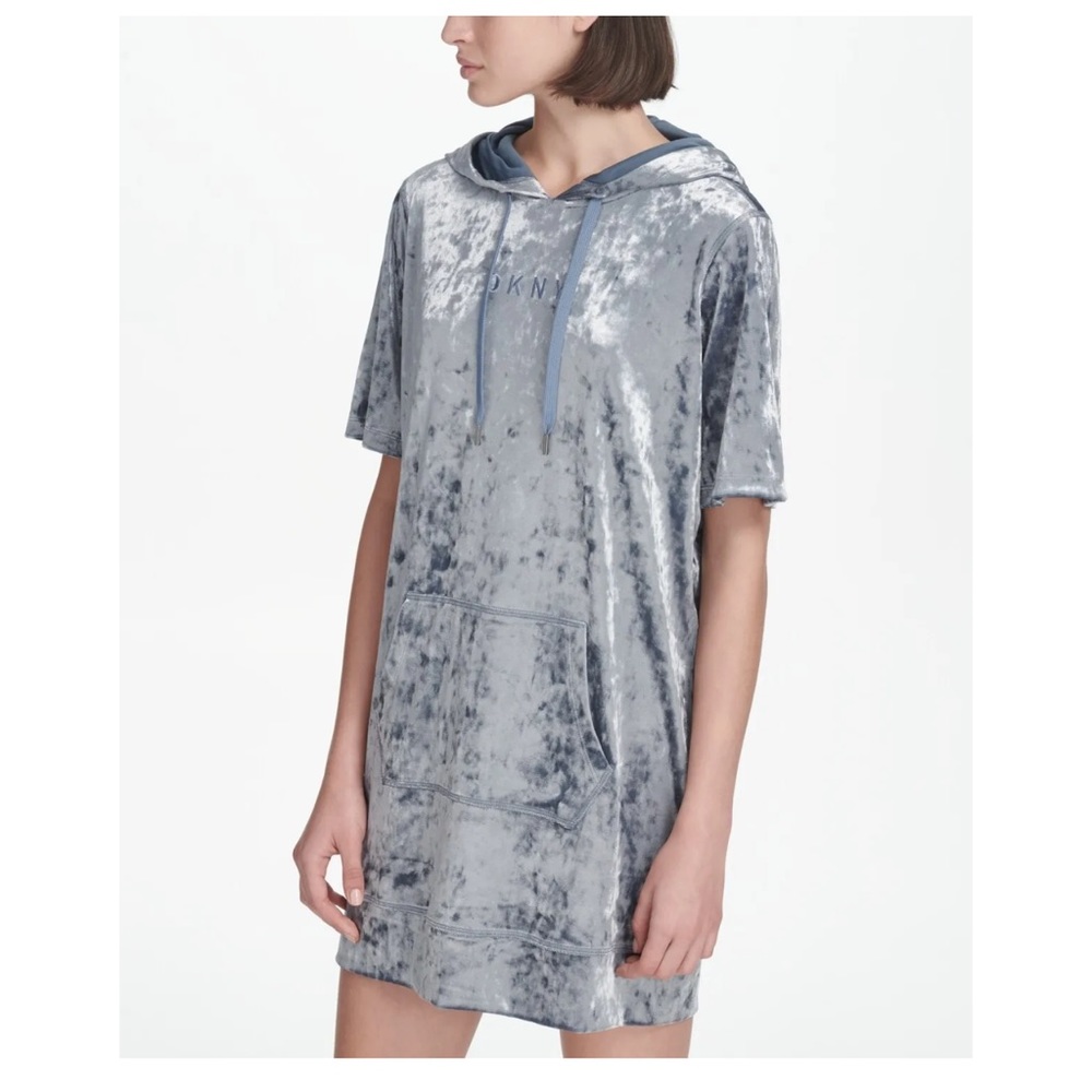 DKNY Crushed Velvet Hoodie Dress Short Sleeve Blue